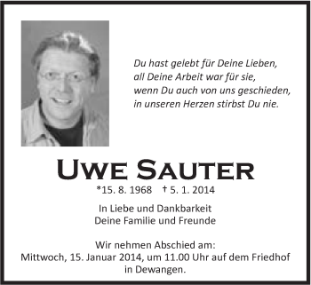 Traueranzeige von Uwe Sauter von Schwäbische Post