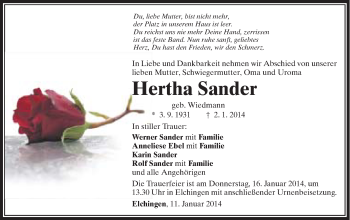 Traueranzeige von Hertha Sander von Schwäbische Post