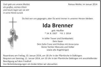 Traueranzeige von Ida Brenner von Schwäbische Post