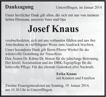 Traueranzeige von Josef Knaus von Schwäbische Post