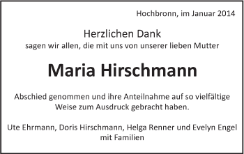 Traueranzeige von Maria Hirschmann von Schwäbische Post