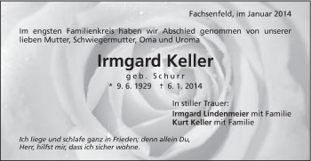 Traueranzeige von Irmgard Keller von Schwäbische Post