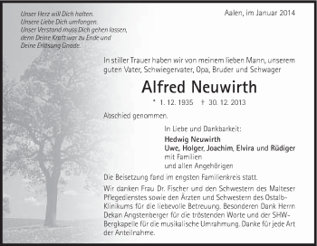 Traueranzeige von Alfred Neuwirth von Schwäbische Post