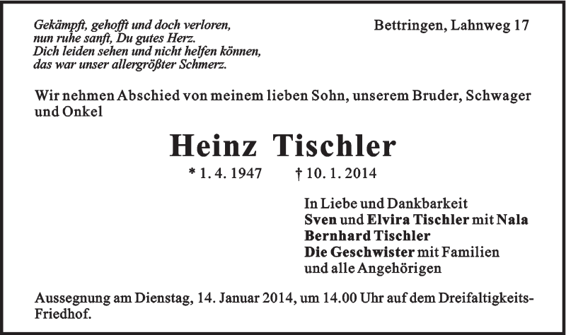  Traueranzeige für Heinz Tischler vom 11.01.2014 aus Gmünder Tagespost