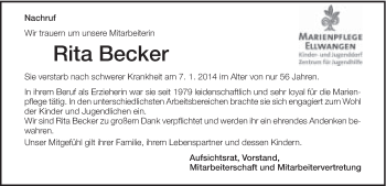 Traueranzeige von Rita Becker von Schwäbische Post