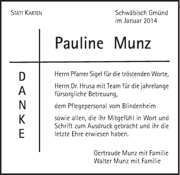 Traueranzeige von Pauline Munz von Gmünder Tagespost