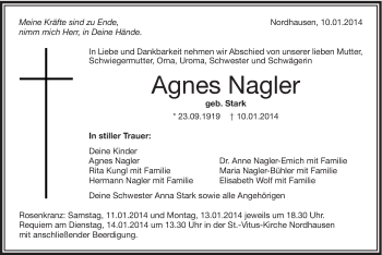 Traueranzeige von Agnes Nagler von Schwäbische Post