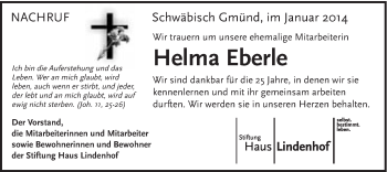 Traueranzeige von Helma Eberle von Gmünder Tagespost