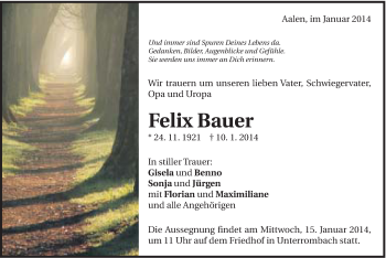 Traueranzeige von Felix Bauer von Schwäbische Post
