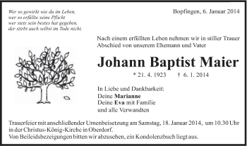 Traueranzeige von Johann Baptist Maier von Schwäbische Post