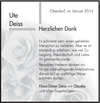 Traueranzeige von Ute Deiss von Schwäbische Post
