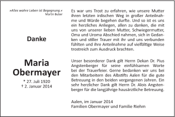 Traueranzeige von Anna Maria Obermayer von Schwäbische Post