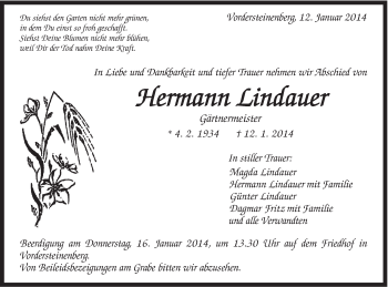 Traueranzeige von Hermann Lindauer von Gmünder Tagespost