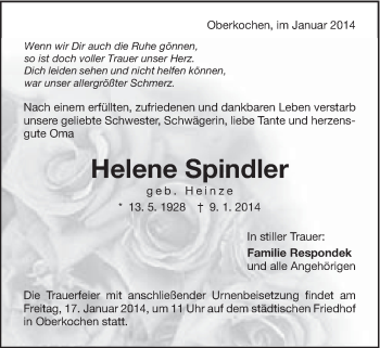 Traueranzeige von Helene Spindler von Schwäbische Post