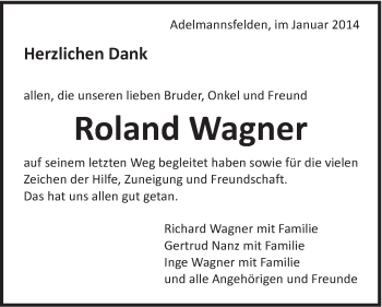Traueranzeige von Roland Wagner von Schwäbische Post