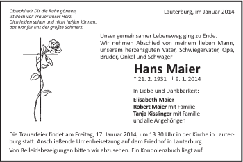 Traueranzeige von Hans Maier von Schwäbische Post