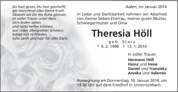 Traueranzeige von Theresia Höll von Schwäbische Post