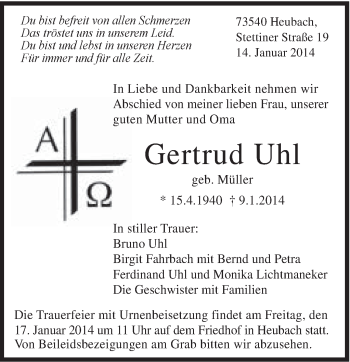 Traueranzeige von Gertrud Uhl von Gmünder Tagespost