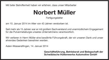 Traueranzeige von Norbert Müller von Schwäbische Post