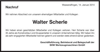 Traueranzeige von Walter Scherle von Schwäbische Post