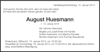 Traueranzeige von August Huesmann von Schwäbische Post