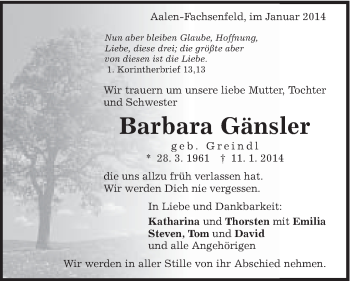 Traueranzeige von Barbara Gänsler von Schwäbische Post