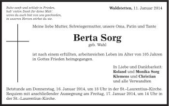 Traueranzeige von Berta Sorg von Gmünder Tagespost