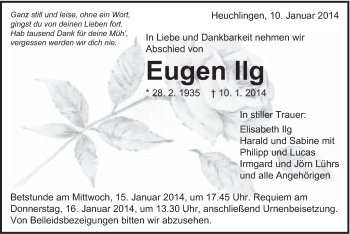 Traueranzeige von Eugen Ilg von Gmünder Tagespost