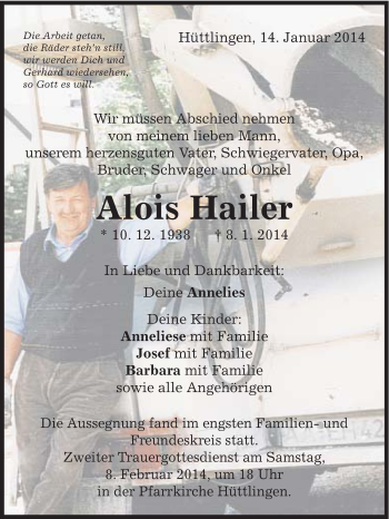 Traueranzeige von Alois Hailer von Schwäbische Post