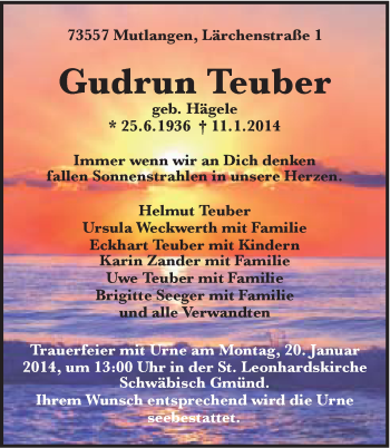 Traueranzeige von Gudrun Teuber von Gmünder Tagespost