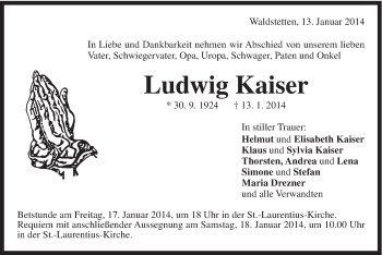 Traueranzeige von Ludwig Kaiser von Gmünder Tagespost