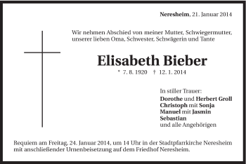 Traueranzeige von Elisabeth Bieber von Schwäbische Post