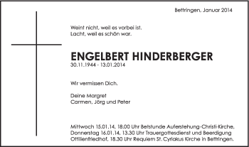 Traueranzeige von Engelbert Hinderberger von Gmünder Tagespost
