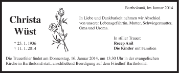 Traueranzeige von Christa Wüst von Gmünder Tagespost