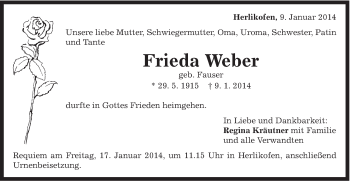 Traueranzeige von Frieda Weber von Gmünder Tagespost