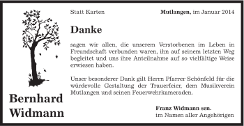 Traueranzeige von Bernhard Widmann von Gmünder Tagespost