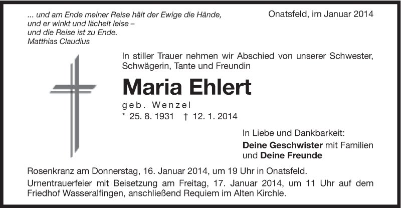 Traueranzeige für Maria Ehlert vom 15.01.2014 aus Schwäbische Post