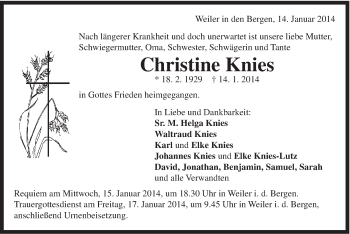 Traueranzeige von Christine Knies von Gmünder Tagespost