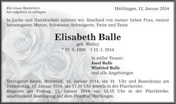 Traueranzeige von Elisabeth Balle von Schwäbische Post
