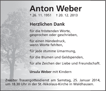 Traueranzeige von Anton Weber von Schwäbische Post