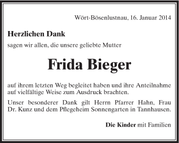 Traueranzeige von Frida Bieger von Schwäbische Post