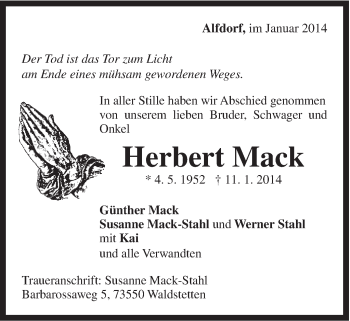 Traueranzeige von Herbert Mack von Gmünder Tagespost
