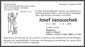 Traueranzeige von Josef Janouschek von Schwäbische Post
