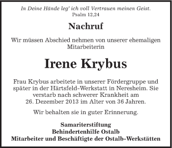 Traueranzeige von Irene Kdrybus von Schwäbische Post