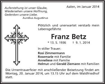 Traueranzeige von Franz Betz von Schwäbische Post
