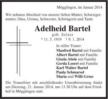 Traueranzeige von Adelheid Bartel von Gmünder Tagespost