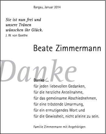 Traueranzeige von Beate Zimmermann von Gmünder Tagespost