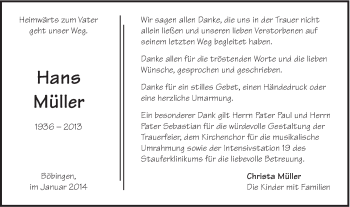 Traueranzeige von Hans Müller von Gmünder Tagespost