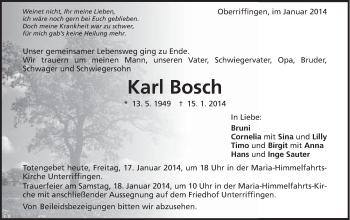 Traueranzeige von Karl Bosch von Schwäbische Post