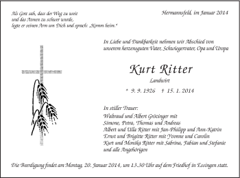 Traueranzeige von Kurt Ritter von Schwäbische Post